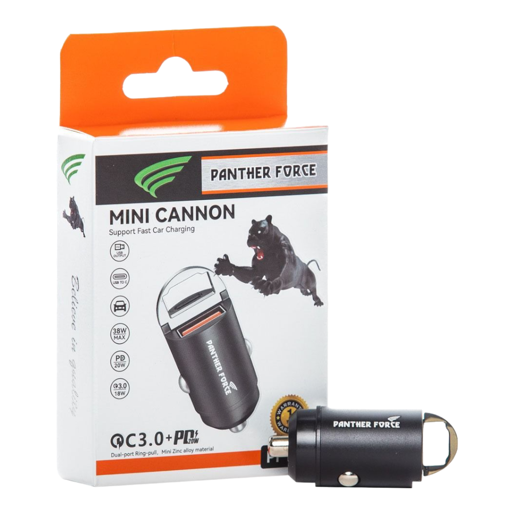 Panther Force Mini-Cannon Type-C + USB-A 20W Car Charger - PF180 - Dual Charging Ports, Fast Charging, Compact Design, Universal Compatibility