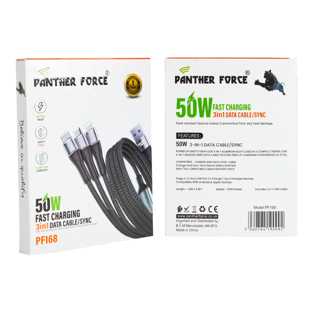 Panther Force 3-in-1 Cable - PF168 - Seamless Connectivity & Uninterrupted Power for All Devices