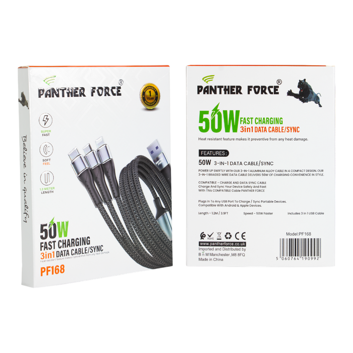 Panther Force 3-in-1 Cable - PF168 - Seamless Connectivity & Uninterrupted Power for All Devices