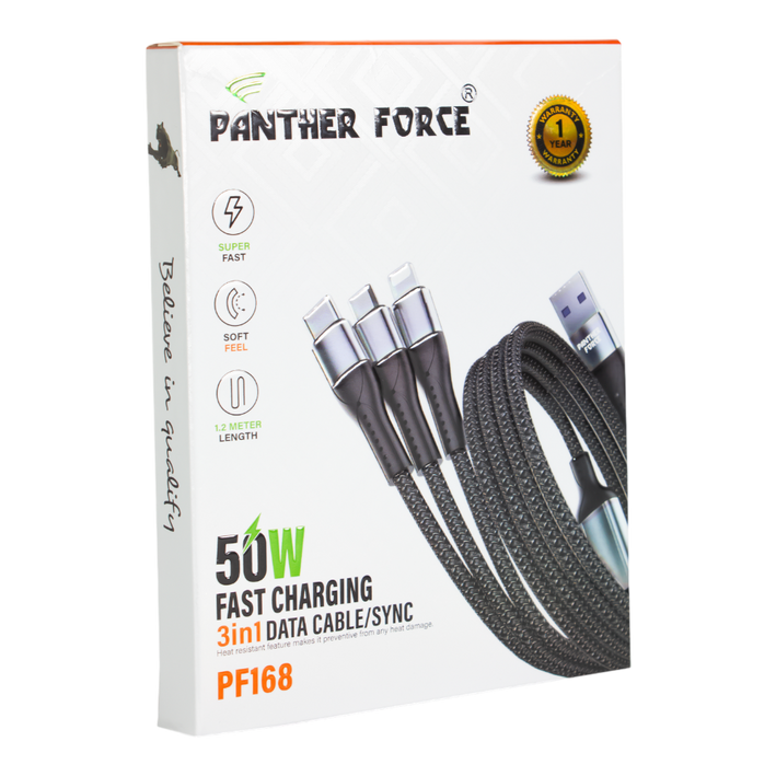 Panther Force 3-in-1 Cable - PF168 - Seamless Connectivity & Uninterrupted Power for All Devices