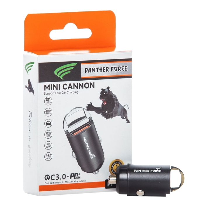 Panther Force Mini-Cannon Type-C + USB-A 20W Car Charger - PF180 - Dual Charging Ports, Fast Charging, Compact Design, Universal Compatibility