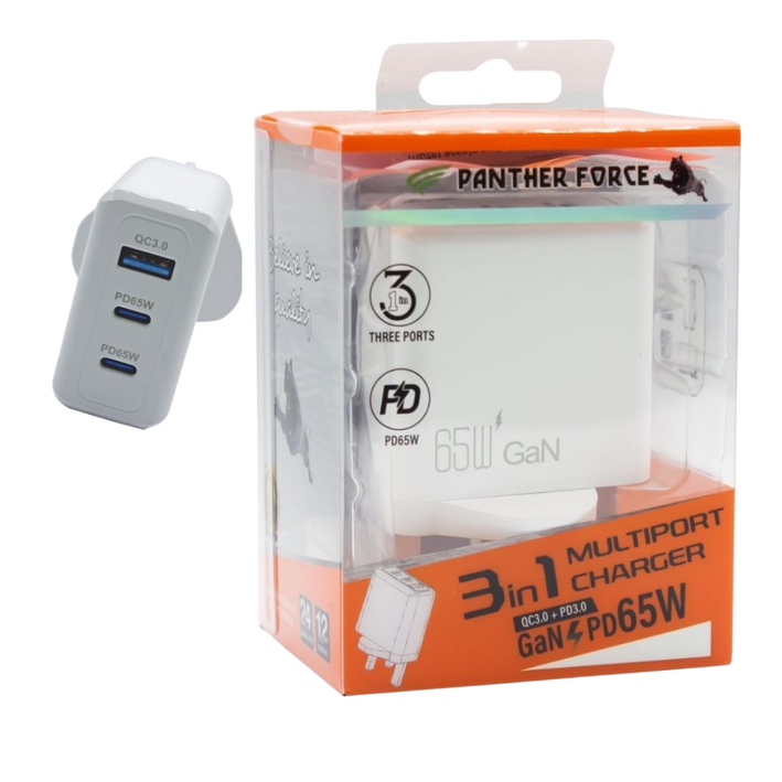 Panther Force 65W Plug with 2* C Port / 1* USB-A Port - Fast Charging for Multiple Devices - PF193