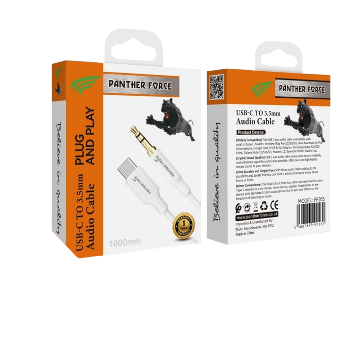 PF205- Panther Force Type-C AUX - Extended Length for Convenient Charging and Syncing of Your Phone