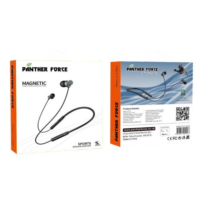 Panther Force Magnetic Sports Wireless Earphones - PF275 || Bluetooth, Sweat-Resistant, High-Quality Sound, Secure Fit