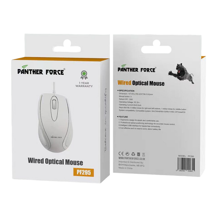 Panther Force Wired Optical Mouse - PF295 | High-Precision Tracking, Ergonomic Design, Durable Build, Plug-and-Play Simplicity