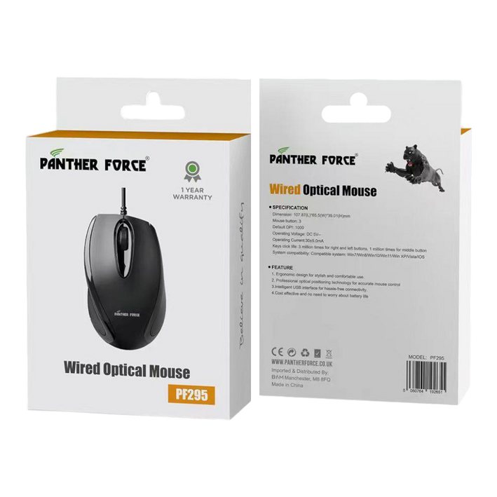 Panther Force Wired Optical Mouse - PF295 | High-Precision Tracking, Ergonomic Design, Durable Build, Plug-and-Play Simplicity