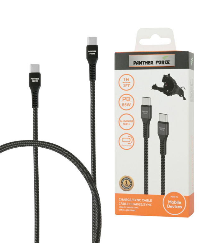 PF45- Panther Force 65W 1M Cable Type-C to Type-C - Extended Length for Convenient Charging and Syncing of Your Phone