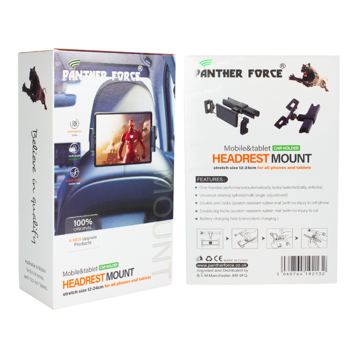 Panther Force Headrest Mount - PF64 | Universal Car Tablet & Phone Holder, 360° Adjustable Viewing, Secure Anti-Slip Grip, Tool-Free Installation, Compact & Travel-Friendly Design