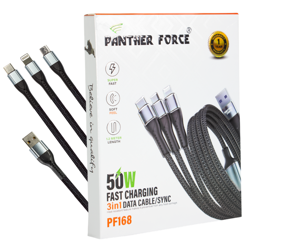 Panther Force 3-in-1 Cable - PF168 - Seamless Connectivity & Uninterrupted Power for All Devices