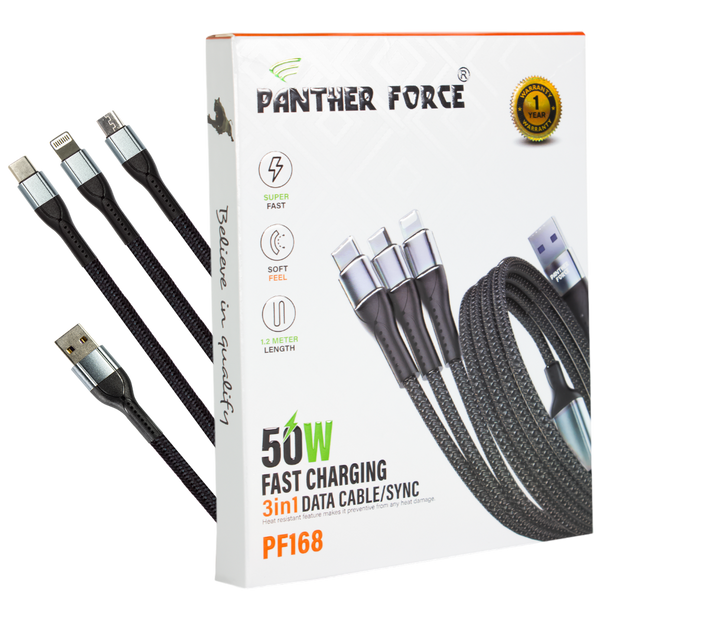 Panther Force 3-in-1 Cable - PF168 - Seamless Connectivity & Uninterrupted Power for All Devices