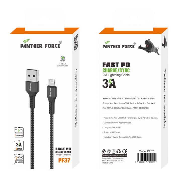 PF37- Panther Force 3A 2M Cable for iPhone - Seamless Connectivity, Uninterrupted Power